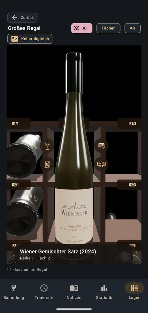 Eine Flasche im 3D-Regal im Fokus mit vier runden Knöpfen