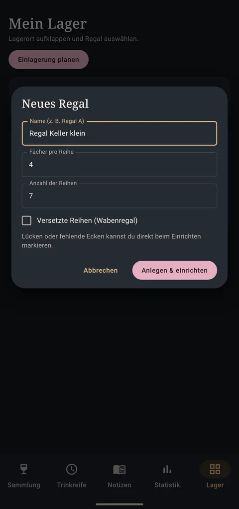 Dialog „Neues Regal“ mit Name, Fächern pro Reihe und Anzahl der Reihen